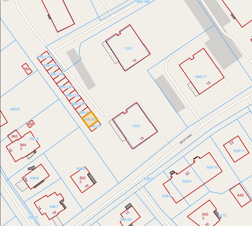 Mapa z zaznaczonym budynkiem przy ul. Wiśniowej