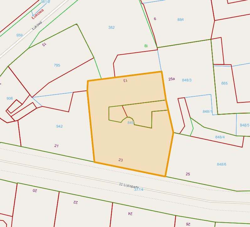 Mapa z zaznaczoną działką przy ul. 11 Listopada 23