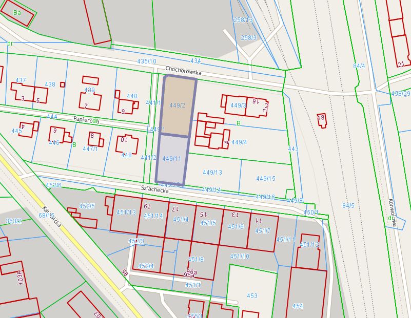Mapa z zaznaczoną nieruchomością przy ul. Szlacheckiej
