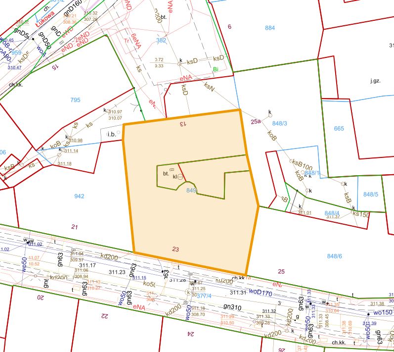 Mapa z zaznaczoną działką przy ul. 11 Listopada 23