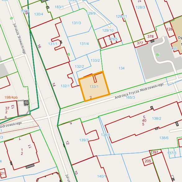 Mapa z zaznaczoną działką przy ul. Andrzeja Frycza Modrzewskiego 2