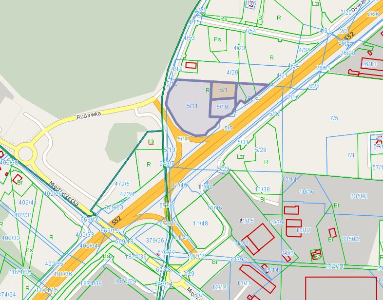 Mapa z zaznaczoną działką przy ul. Bohaterów Monte Cassino oraz Rudawka