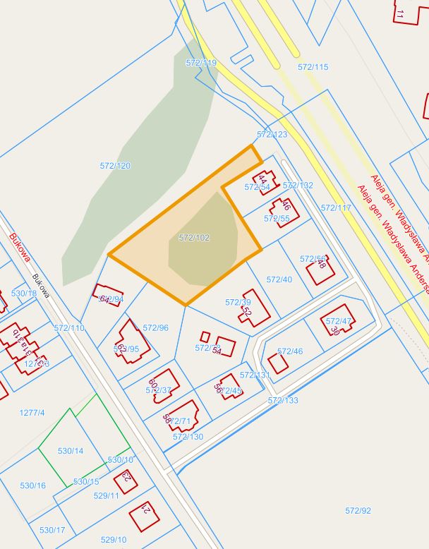 Mapa z zaznaczoną nieruchomością przy ul. Bukowej