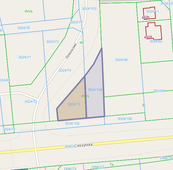 Mapa z zaznaczoną nieruchomością przy ul. Dzwonkowej