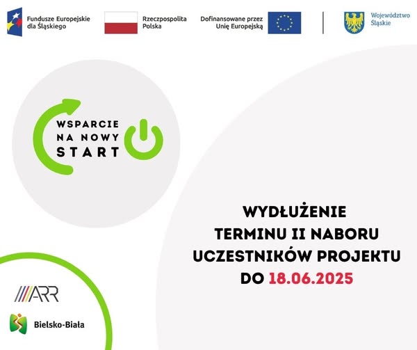 grafika informująca o wydłużeniu terminu II naboru uczestników projektu ,,Wsparcie Na Nowy Start"