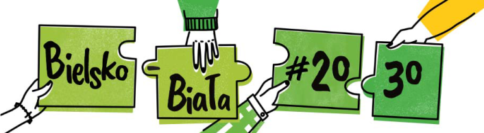 grafika przedstawiająca zielone puzzle, które układane są w napis Bielsko-Biała #2030