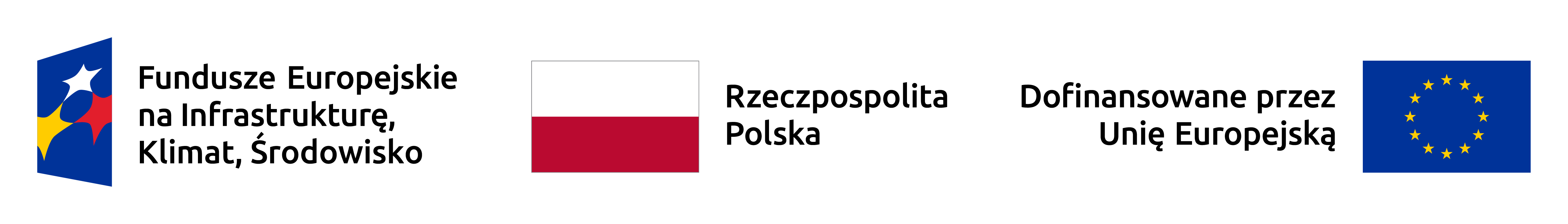 grafika przedstawiająca logo Funduszy Europejskich na Infrastrukturę, Klimat, Środowisko, flagę Polski, flagę Unii Europejskiej z informację o dofinansowaniu z UE 