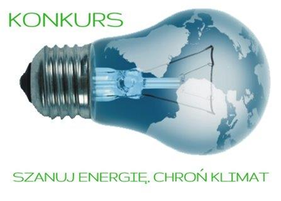 grafika przedstawiająca żarówkę z napisem na górze Konkurs, a na dole Szanuj energię. Chroń klimat 