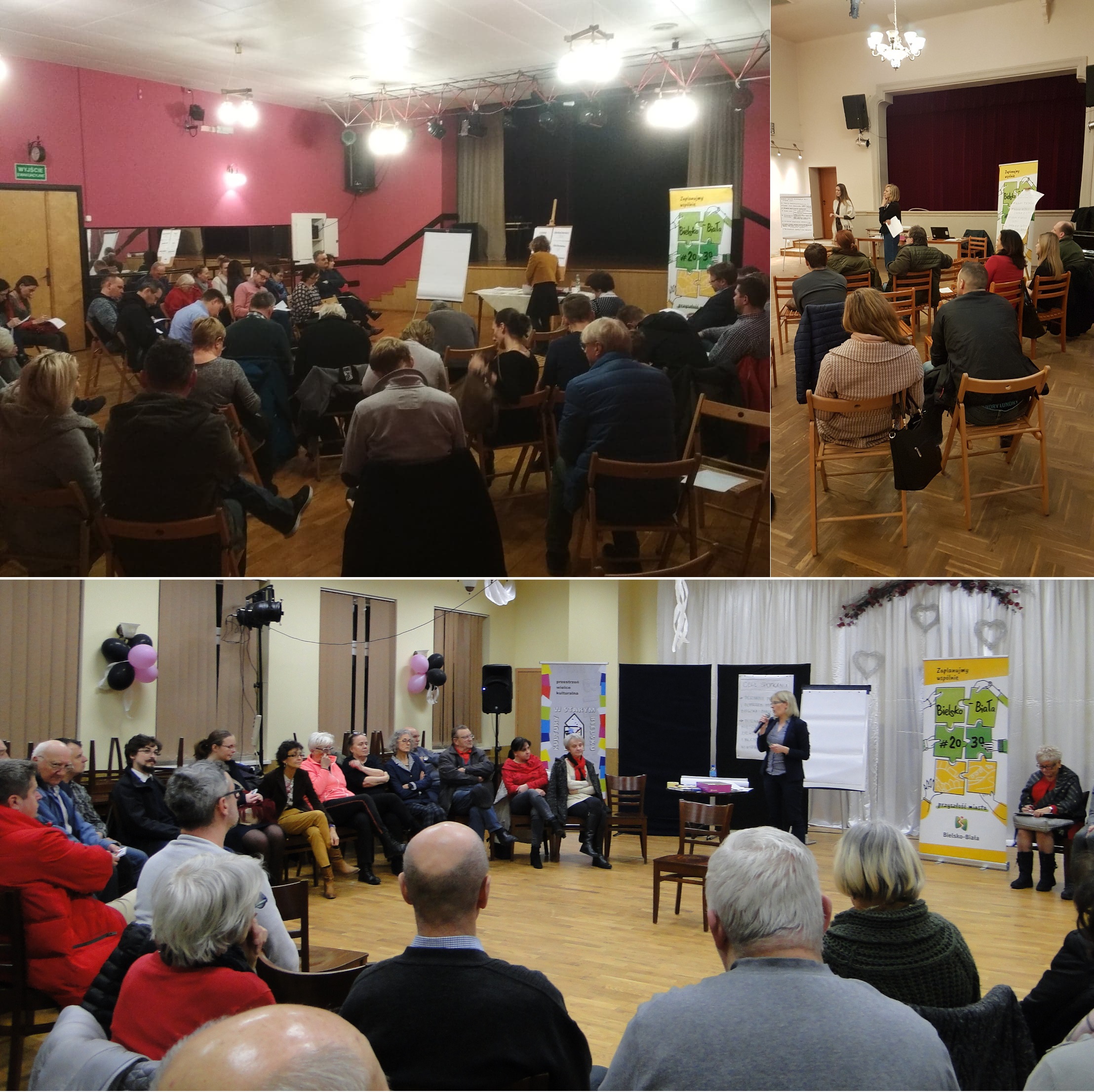 trzy zdjęcia przedstawiające ludzi siedzących w pomieszczeniach i słuchających osoby prowadzącej spotkanie
