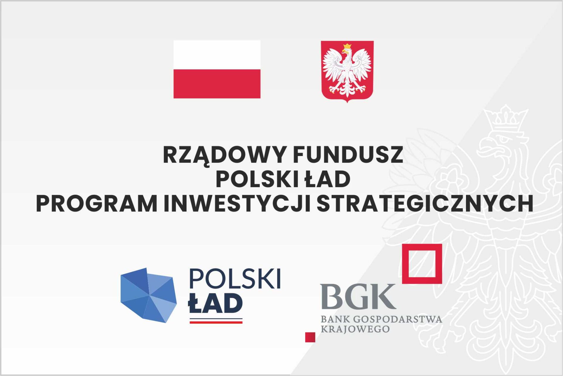 grafika przedstawiająca Rządowy Fundusz Polski Ład: Program Inwestycji Strategicznych z flagą i godłem Polski oraz logami Programu Polski Ład i Banku Gospodarstwa Krajowego na białoszarym tle