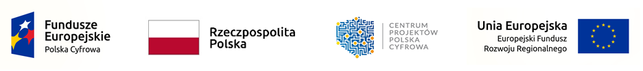 grafika przedstawiająca logo Funduszy Europejskich, flagę Polski, logo Centrum Projektów Polska Cyfrowa oraz logo Europejskiego Funduszu Rozwoju Regionalnego