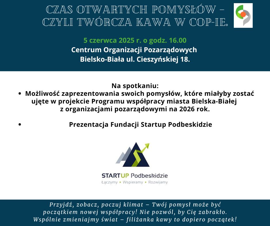 grafika zapraszająca na spotkanie „Czas Otwartych Pomysłów – Twórcza Kawa w COP-ie”
