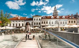 Zdjęcie przedstawiające kobietę z psem idąca przez mostek na rynku w Bielsku.