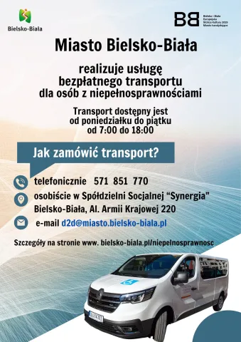 plakat dotyczący usługi transportu dla osób z niepełnosprawnościami przedstawiający informacje jak zamówić transport, zdjęcie pojazdu oraz loga miasta