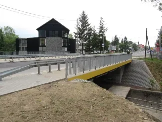 Przebudowa drogi krajowej 69 - na zdjęciu most, w tle budynek oraz zieleń