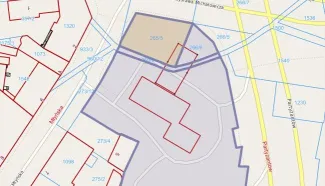 Mapa z zaznaczoną nieruchomością przy ul. Partyzantów 44