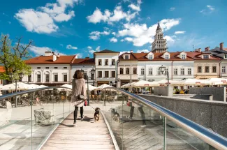 Zdjęcie przedstawiające kobietę z psem idąca przez mostek na rynku w Bielsku.